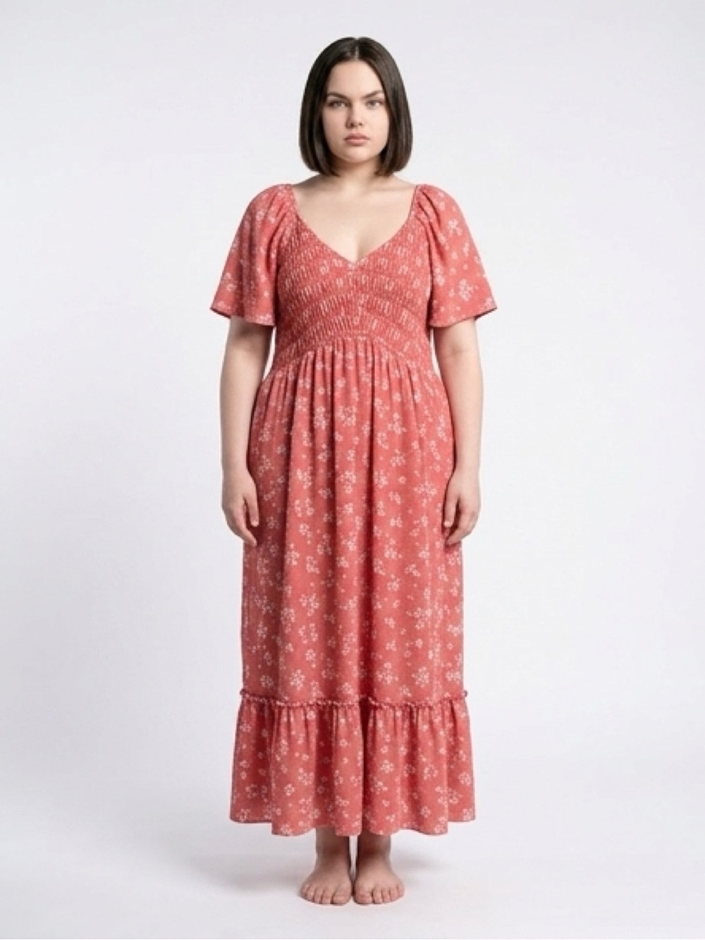 torrid Coral Floral Maxi Dress with Smocked Bodice